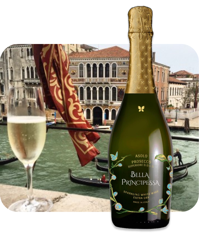 A bottle of Bella Principessa Prosecco overlooking the Venice Canal.