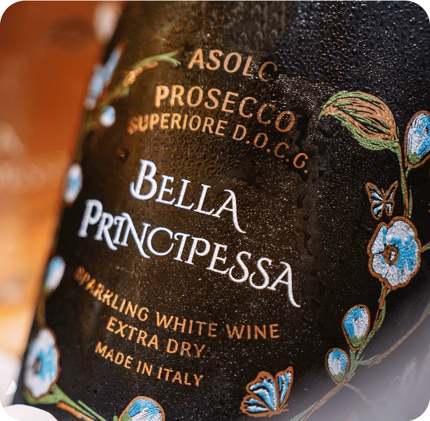 Bella Principessa fairytale-inspired Prosecco bottle with a ceramic-painted label