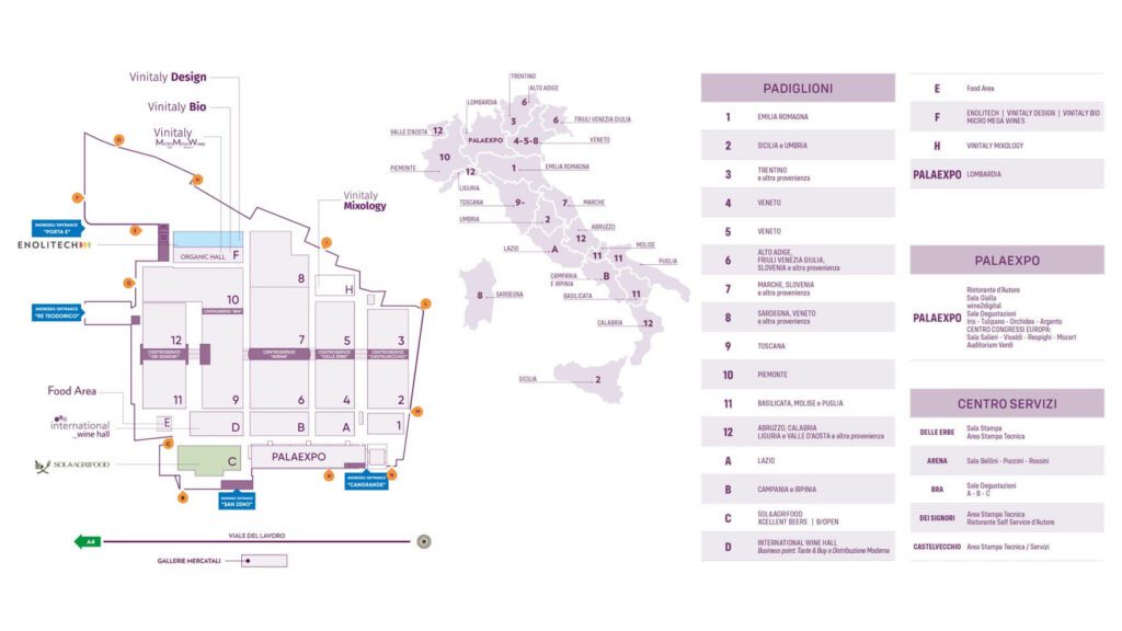 Vinitaly 2023 wine and spirits tradeshow. Map and regional halls located at Verona Fiera, Viale del Lavoro 8 from April 2-5.