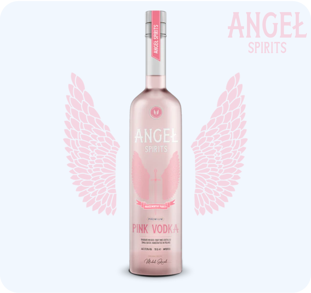 Bottle of Angel Spirits Rhubarb Flavored Premium Pink Vodka, Four Times Distilled.