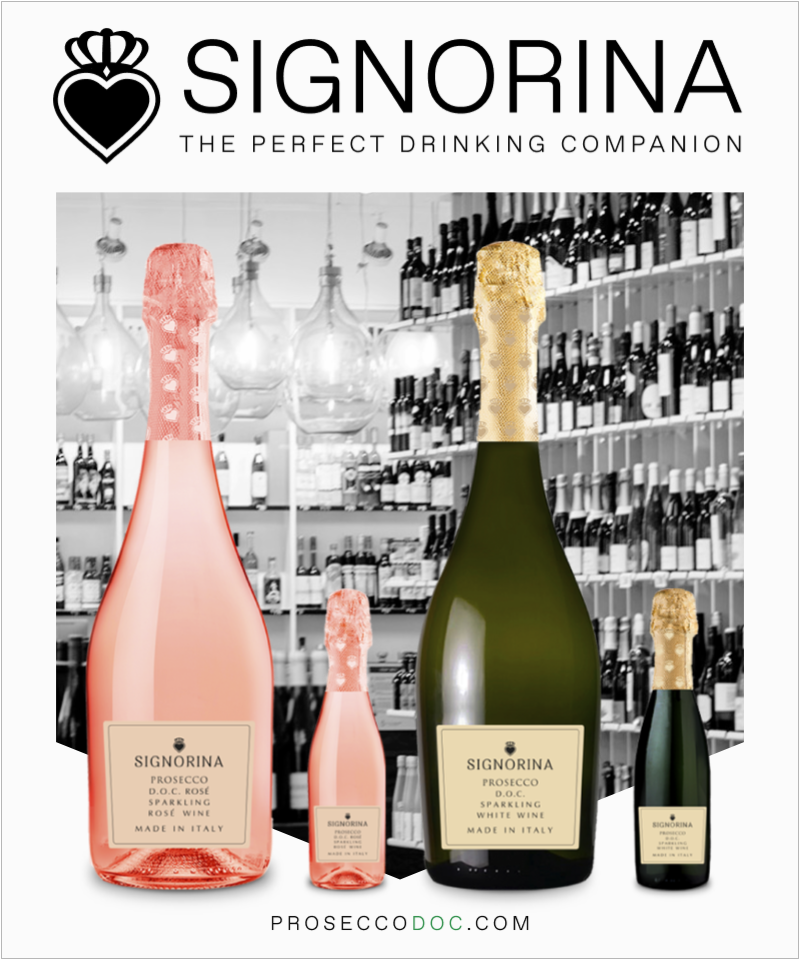 Bottles of Signorina Prosecco DOC with blurred background featuring bottles of Signorina Pinot Grigio, Prosecco DOC Rosé, and Sangiovese, showcasing variety in still and sparkling wines.