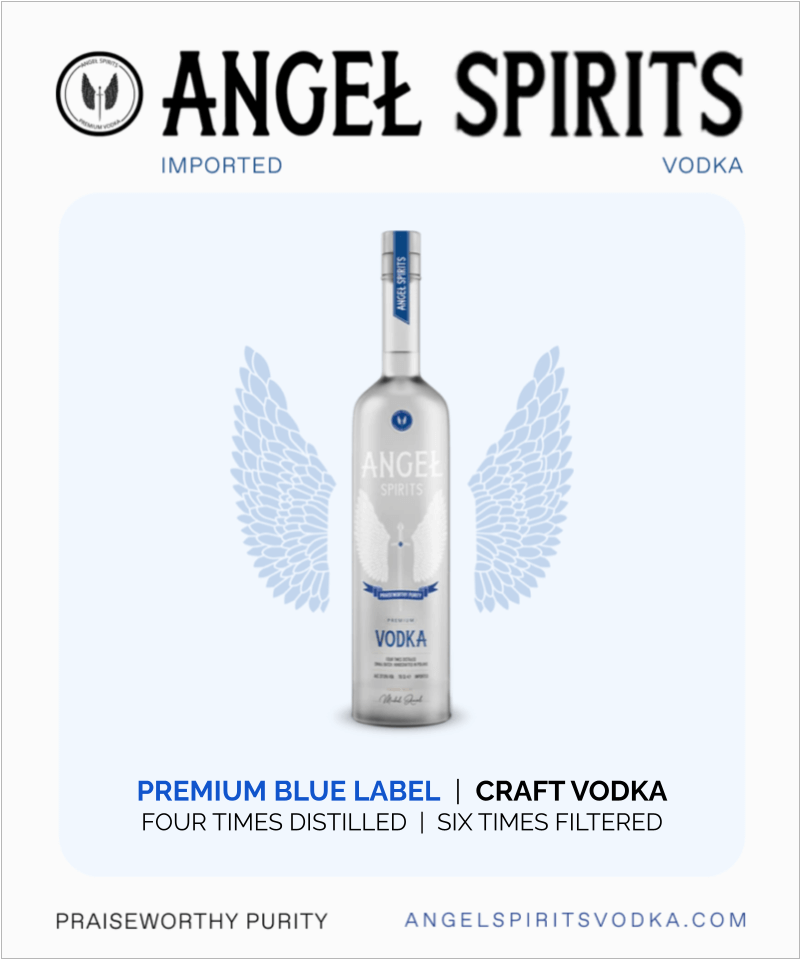Elegant bottle of Angel Spirits Vodka with premium blue label, representing high-quality craft vodka, distilled four times and filtered six times