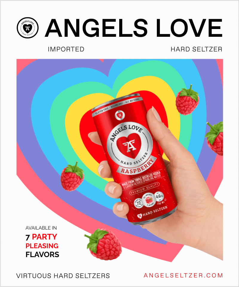 Hand holding a can of Angels Love Raspberry Hard Seltzer against a colorful heart background, with fresh raspberries around.