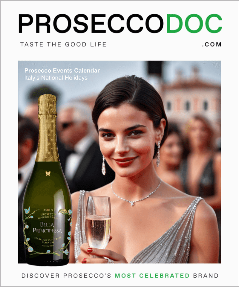 Elegant woman at a gala holding a glass of Bella Principessa Prosecco, symbolizing Italy's festive spirit during national holidays.